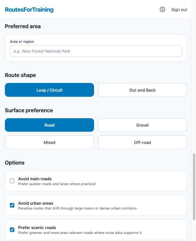 Route preferences for area, shape, surface and road constraints